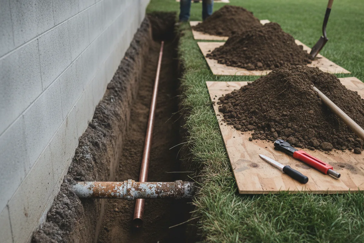 Excavated water line trench during Water Softener Installation in Sudbury